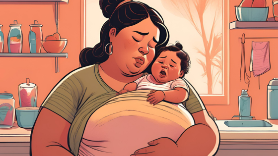A woman cuddles with her baby, looking sad as she contemplates her weight gain.